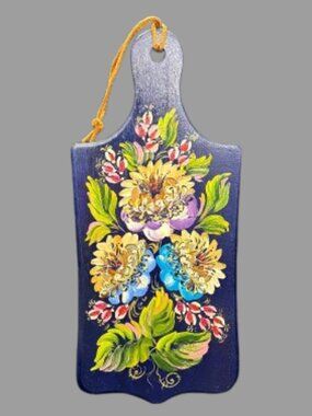 Vintage Folk Art Hand Painted Blue Floral Wooden Cutting Board Wall Art